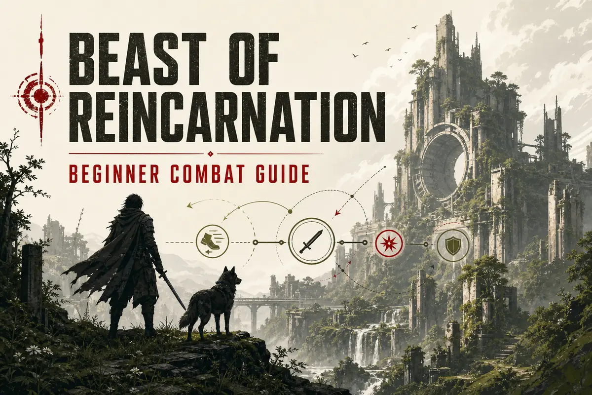 Unofficial editorial illustration for a Beast of Reincarnation beginner combat guide, showing a sword traveler and dog companion in an overgrown landscape.