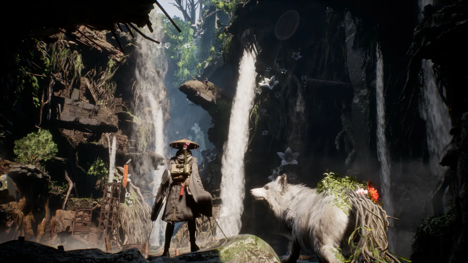 Official Beast of Reincarnation screenshot showing Emma and Koo beside waterfalls in the nature-reclaimed world.