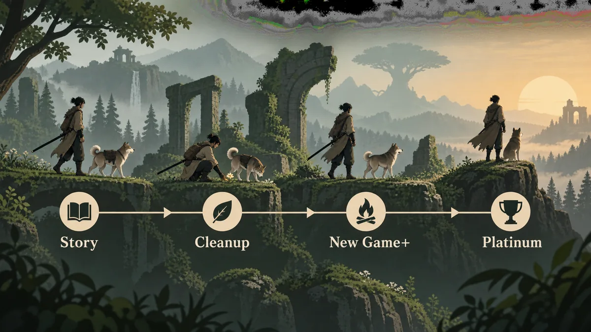 Unofficial editorial roadmap showing a sword traveller and dog companion moving through story, cleanup, New Game Plus, and platinum stages.